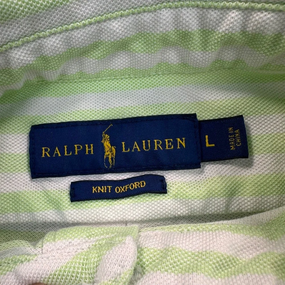 Ralph Lauren Men's‎ L Knit Oxford Polo Shirt Lime Green White Striped Flesh Pony